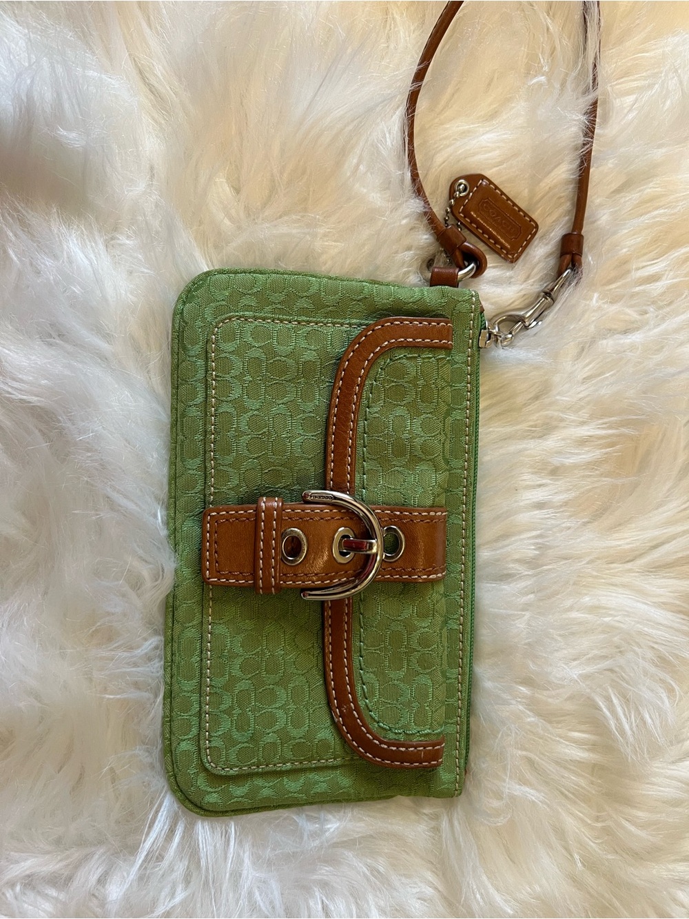 Coach Green Wristlet Phone Case with Brown Leather Trim